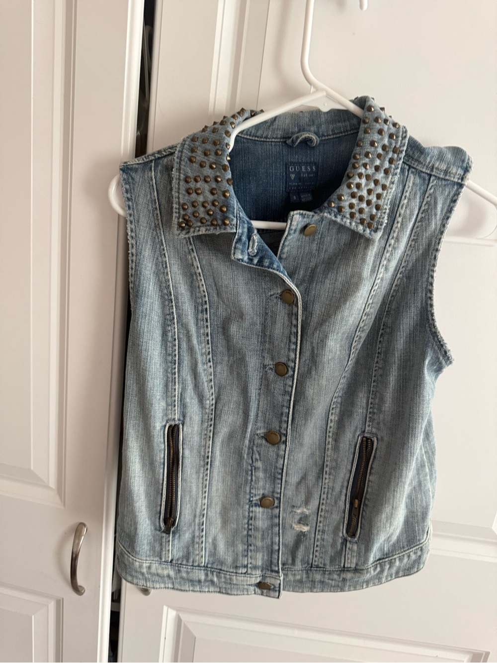 light blue Guess studded denim vest zippered front pockets sz sm vintage y2k